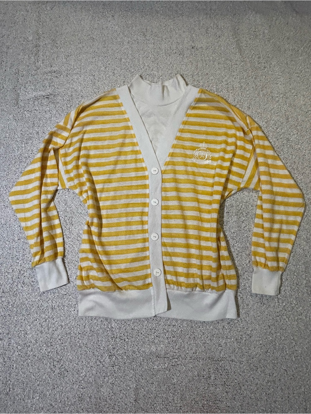 Vintage 80s 90s Yellow & White Striped Button-Front top w mock turtleneck Size M